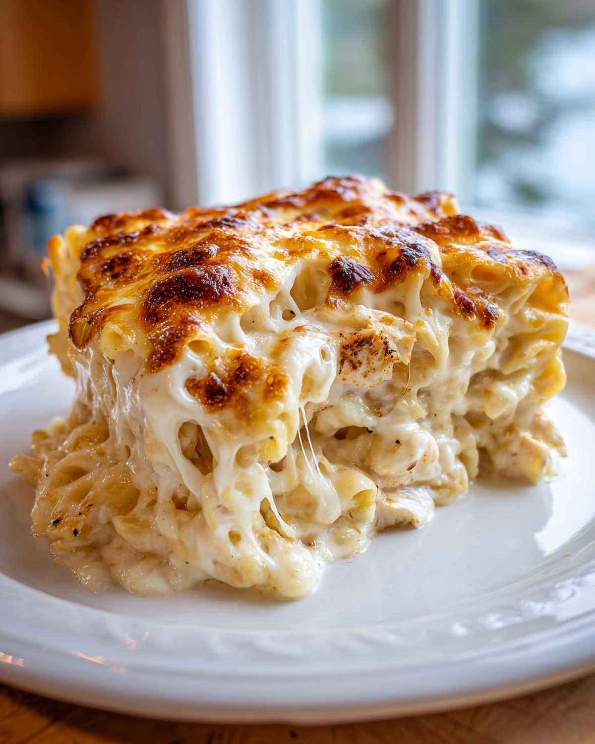 A generous slice of Cheesy Chicken Alfredo Bake with creamy sauce and a browned, bubbly cheese topping.