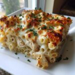 A generous serving of Cheesy Chicken Alfredo Bake with Mozzarella, featuring baked, bubbly cheese topping and visible chunks of chicken.