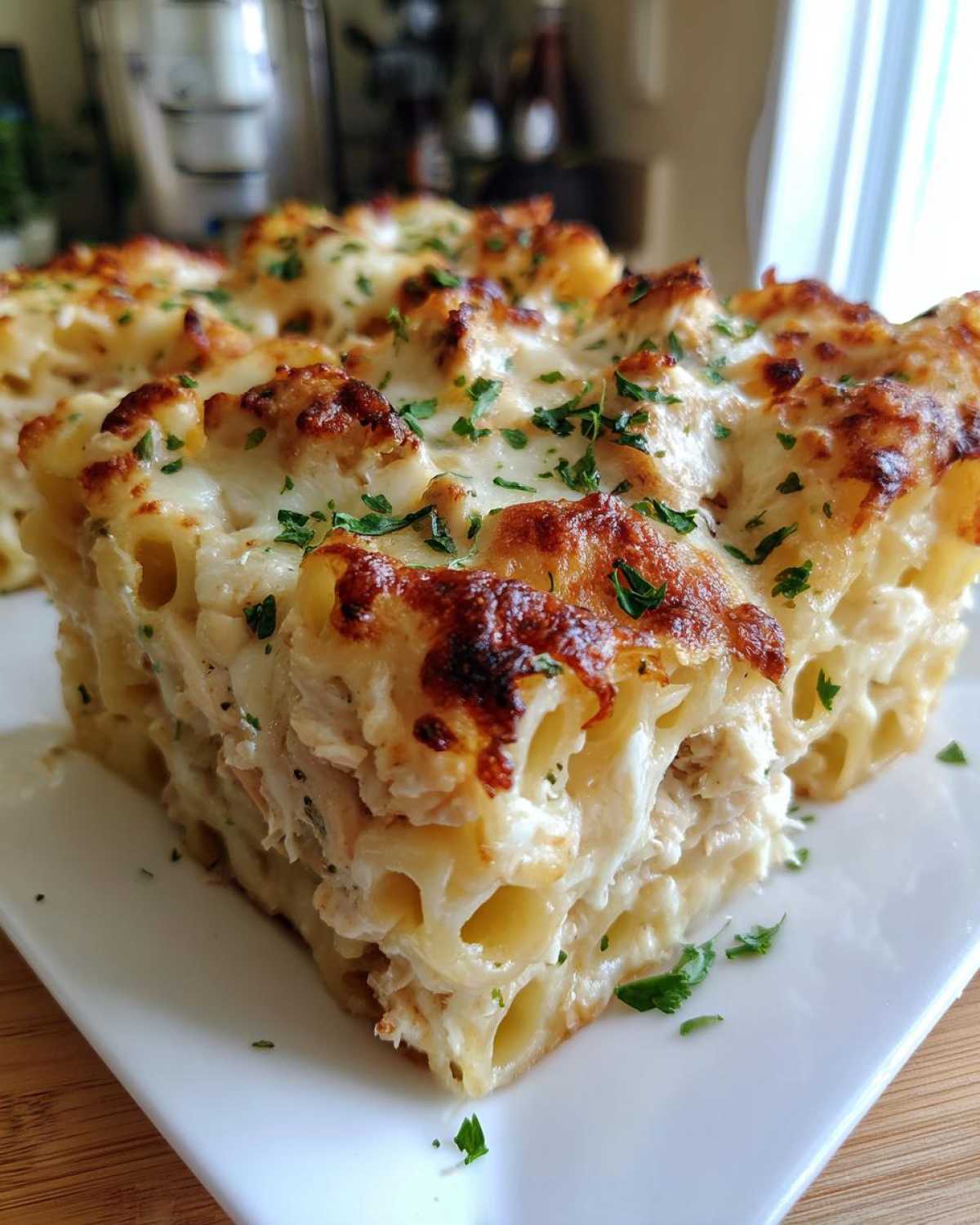A close-up of a square serving of Cheesy Chicken Alfredo Bake with Mozzarella, showing creamy pasta and browned cheese topping.