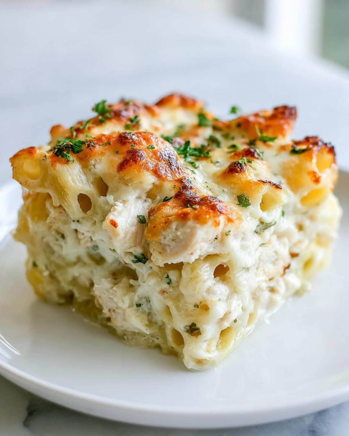 A close-up of a square serving of Cheesy Chicken Alfredo Bake with Mozzarella, topped with browned cheese and parsley.