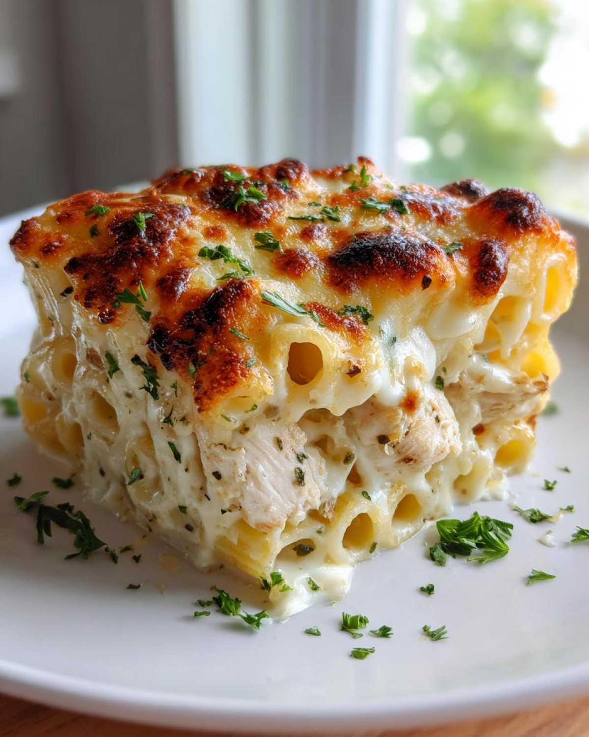 A thick, square serving of Cheesy Chicken Alfredo Bake with Mozzarella, featuring baked, browned cheese on top and chunks of chicken.