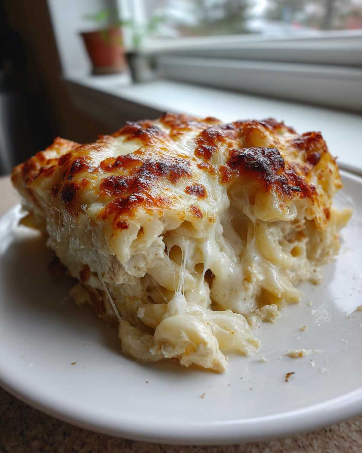 A close-up of a serving of Cheesy Chicken Alfredo Bake showing gooey, melted cheese stretching from the pasta.
