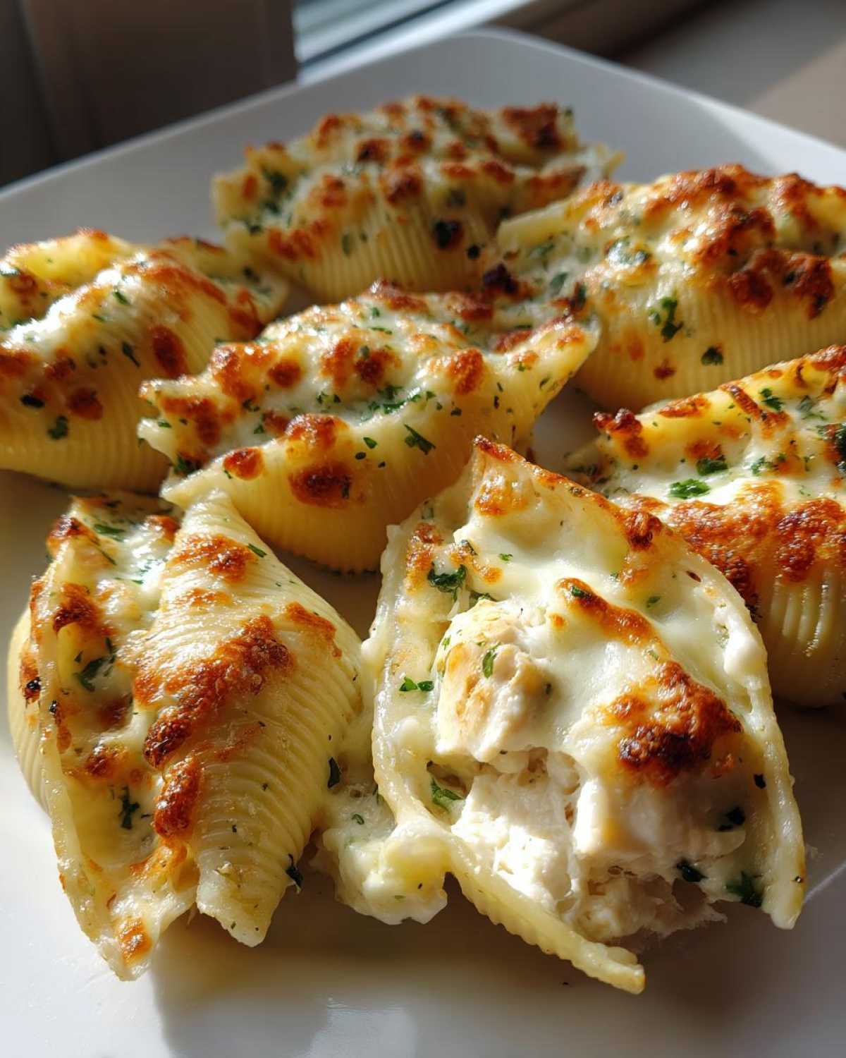 Close-up of baked Cheesy Chicken Alfredo Stuffed Pasta Shells topped with melted, browned cheese and parsley.
