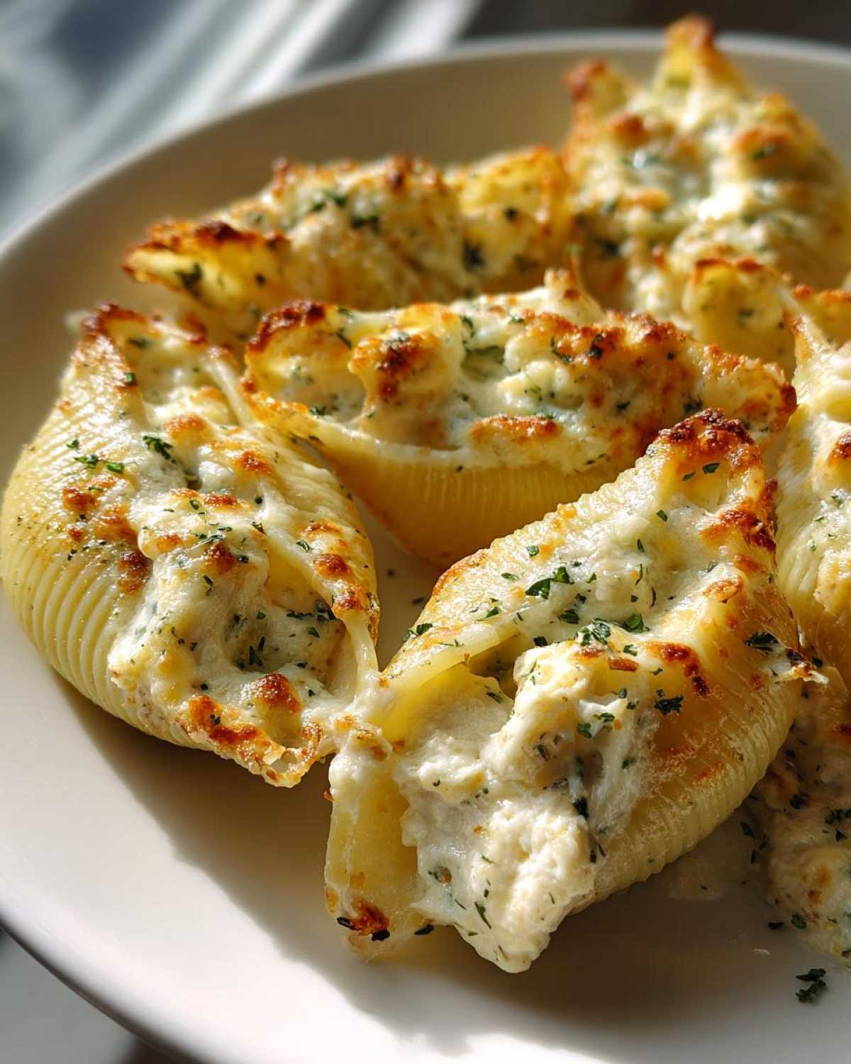 Close-up of baked Cheesy Chicken Alfredo Stuffed Pasta Shells with a golden, bubbly cheese topping and parsley.