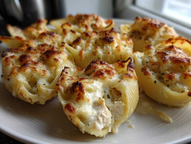 Close-up of baked Cheesy Chicken Alfredo Stuffed Pasta Shells with golden-brown melted cheese topping.