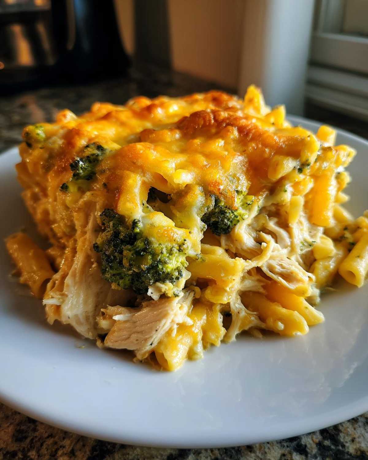 A close-up serving of Cheesy Chicken and Broccoli Pasta Bake featuring melted cheddar cheese, penne pasta, shredded chicken, and green broccoli florets.