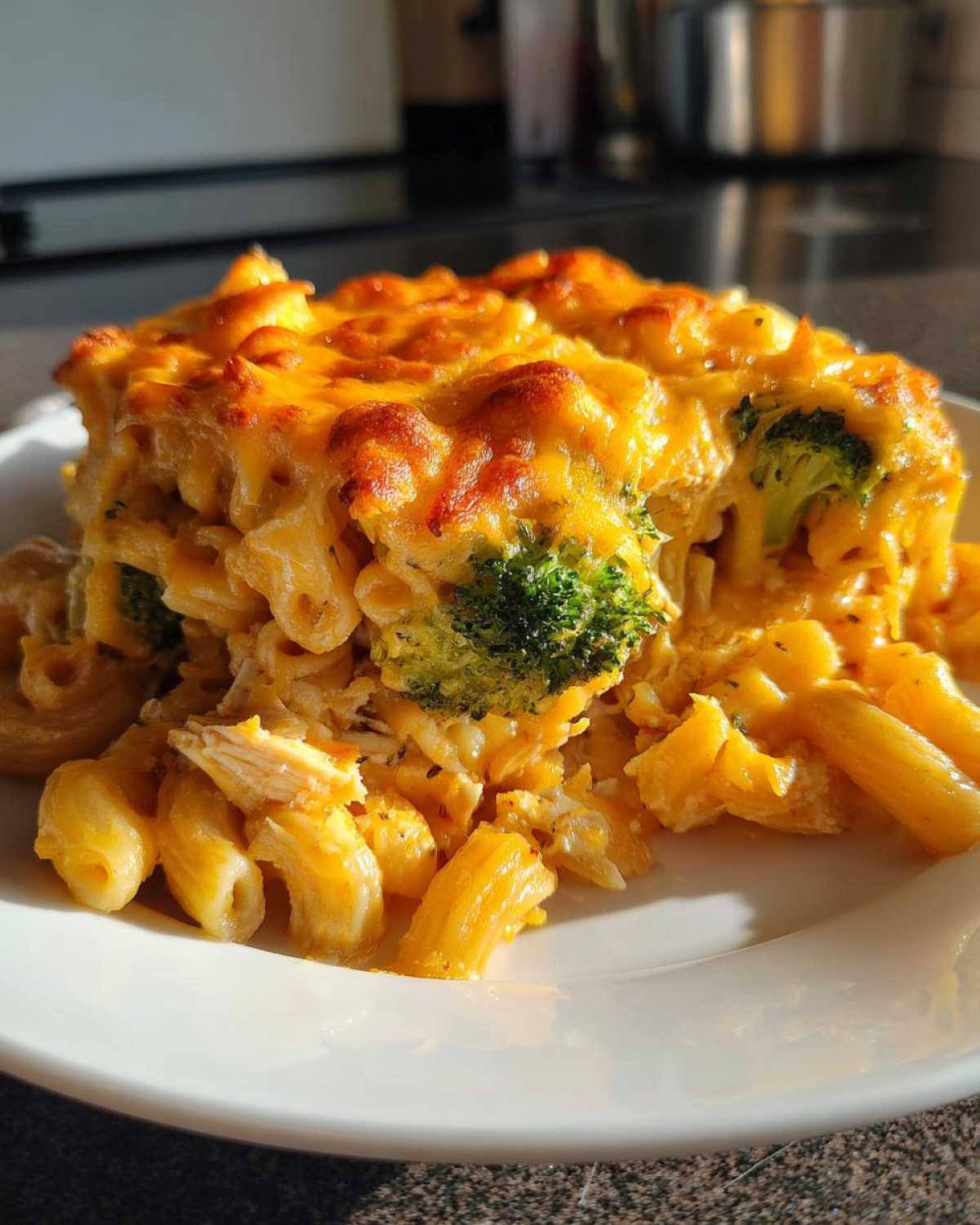A generous serving of Cheesy Chicken and Broccoli Pasta Bake with a golden, bubbly cheese crust.