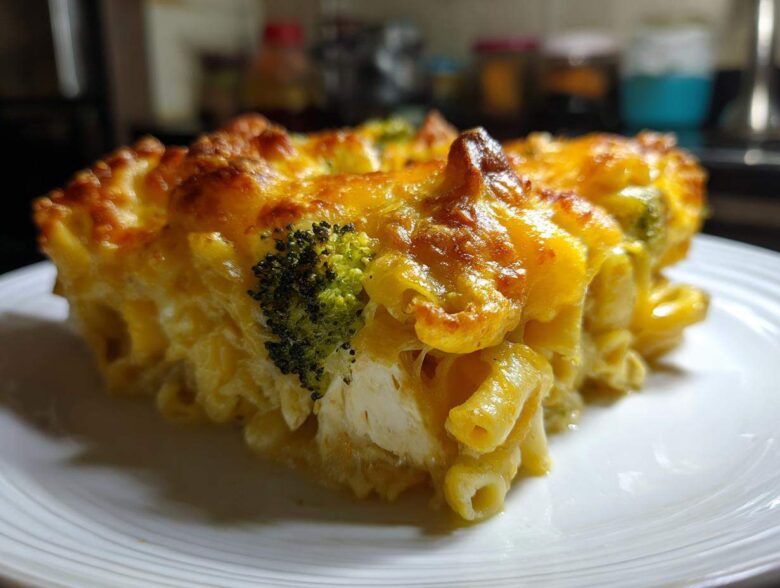 Close-up of a hearty slice of Cheesy Chicken and Broccoli Pasta Bake with a golden, bubbly cheese crust.