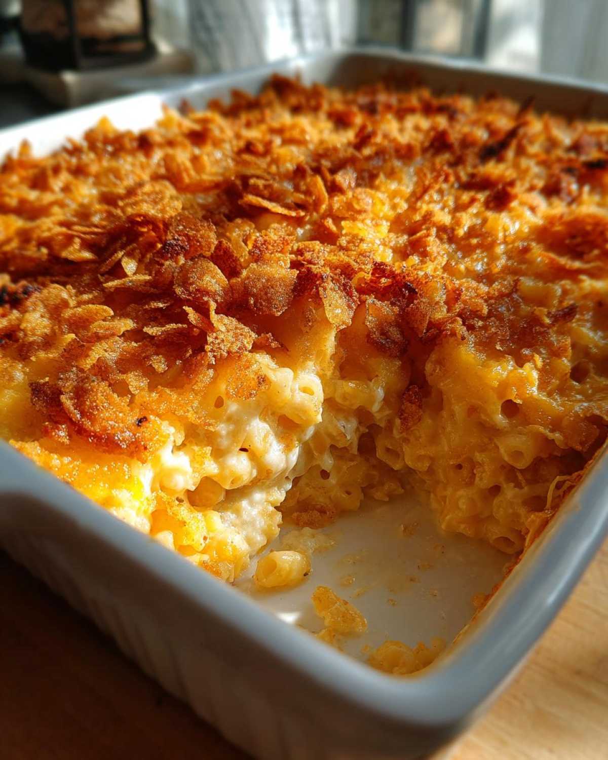 Close-up of a serving dish showing the creamy interior and golden, crunchy topping of the Cheesy Chicken and Rice Bake with Golden Top.