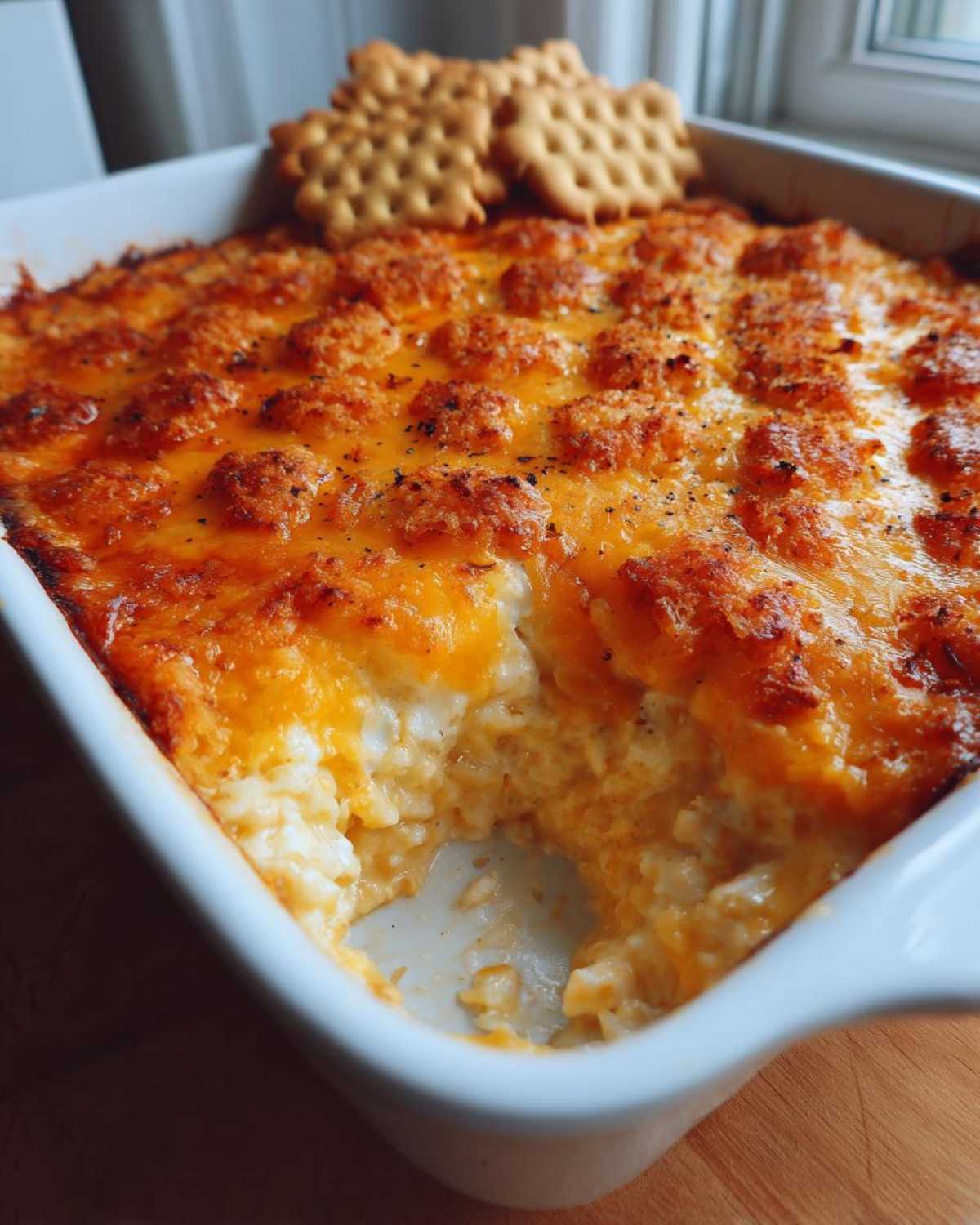A scoop has been taken from the Cheesy Chicken and Rice Bake with Golden Top, showing the creamy interior and bubbly, browned cheese crust.