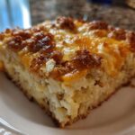 A close-up of a square slice of Cheesy Chicken and Rice Bake showing a creamy interior and a deeply browned, golden top.