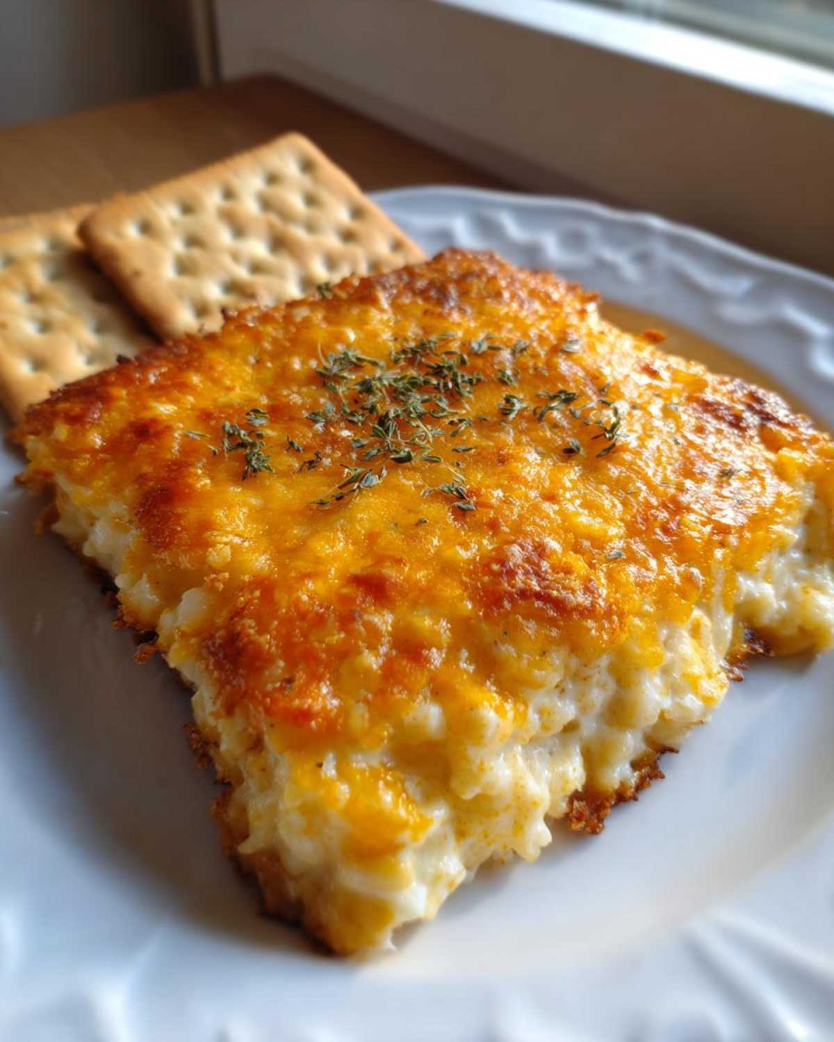 A close-up serving of Cheesy Chicken and Rice Bake with a bubbly, golden-brown cheese topping and dried herbs.