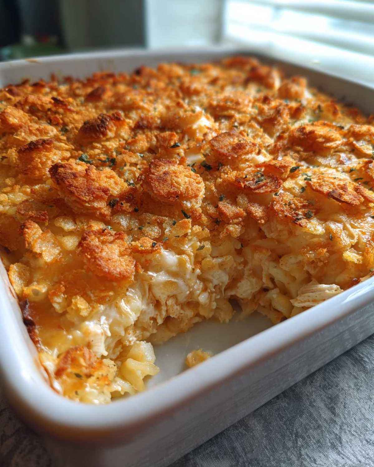 A close-up view of a serving dish filled with Cheesy Chicken and Rice Bake featuring a crunchy, golden topping.