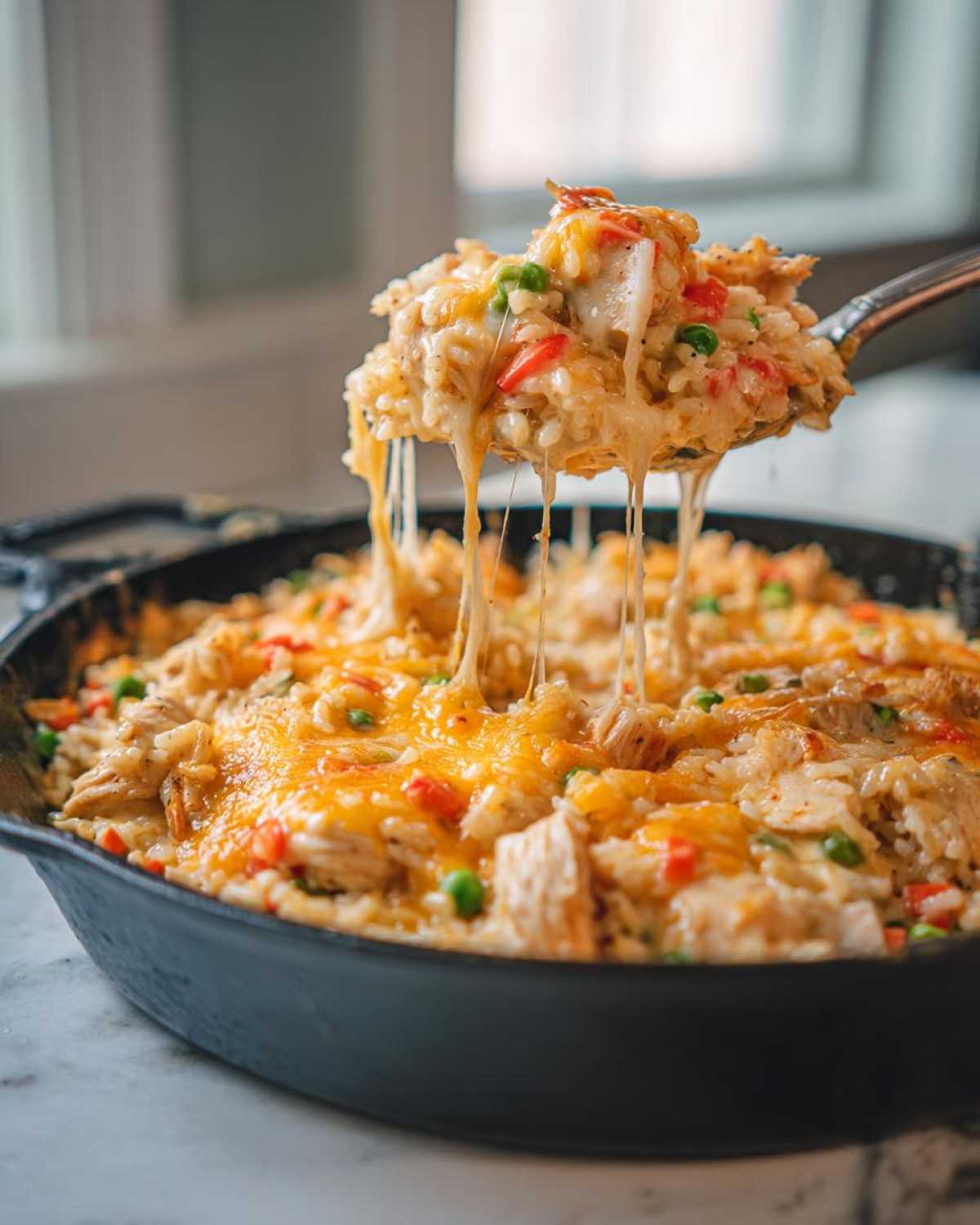 A spoonful of Cheesy Chicken and Rice Skillet showing long, melted cheese strings pulling away from the main dish in the cast iron pan.