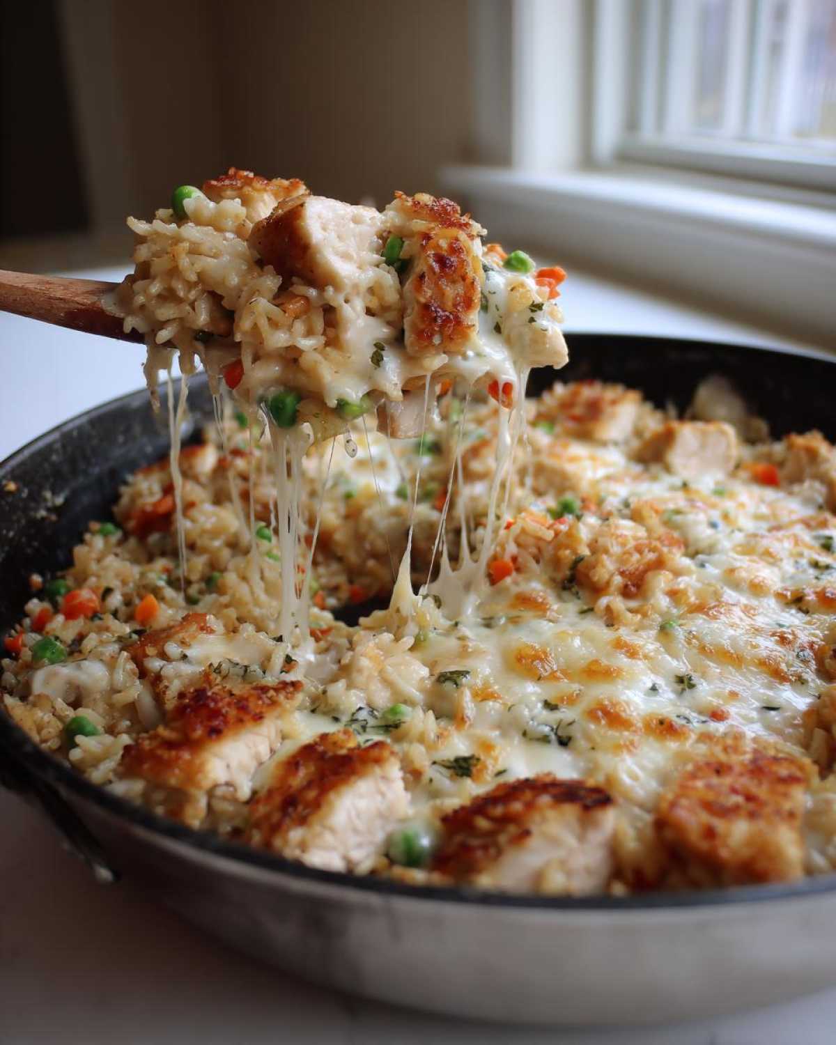 A wooden spoon lifts a portion of Cheesy Chicken and Rice Skillet, showing extreme cheese pull over the creamy rice, chicken pieces, and peas.