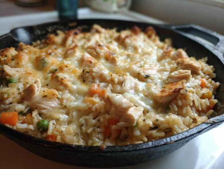 A close-up of a Cheesy Chicken and Rice Skillet with Cream Sauce, topped with melted cheese and chunks of chicken.
