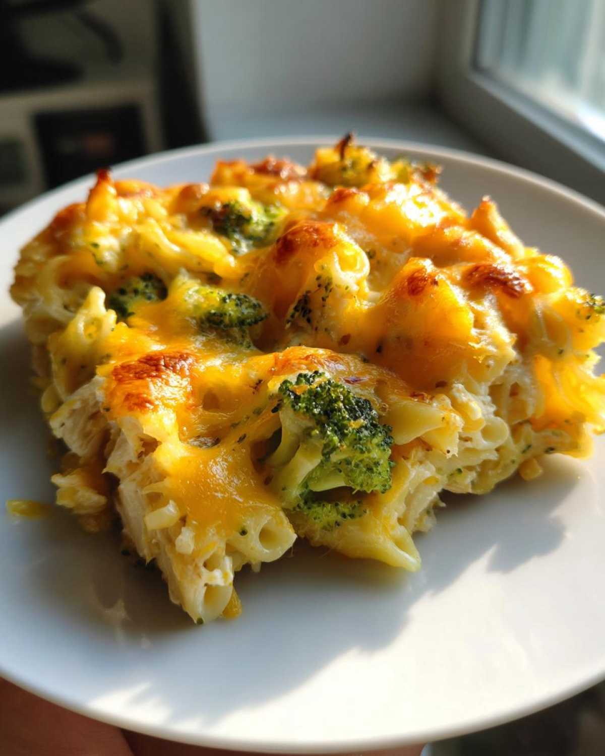 A close-up of a serving of Cheesy Chicken and Broccoli Pasta Bake with melted, browned cheese and visible broccoli florets.