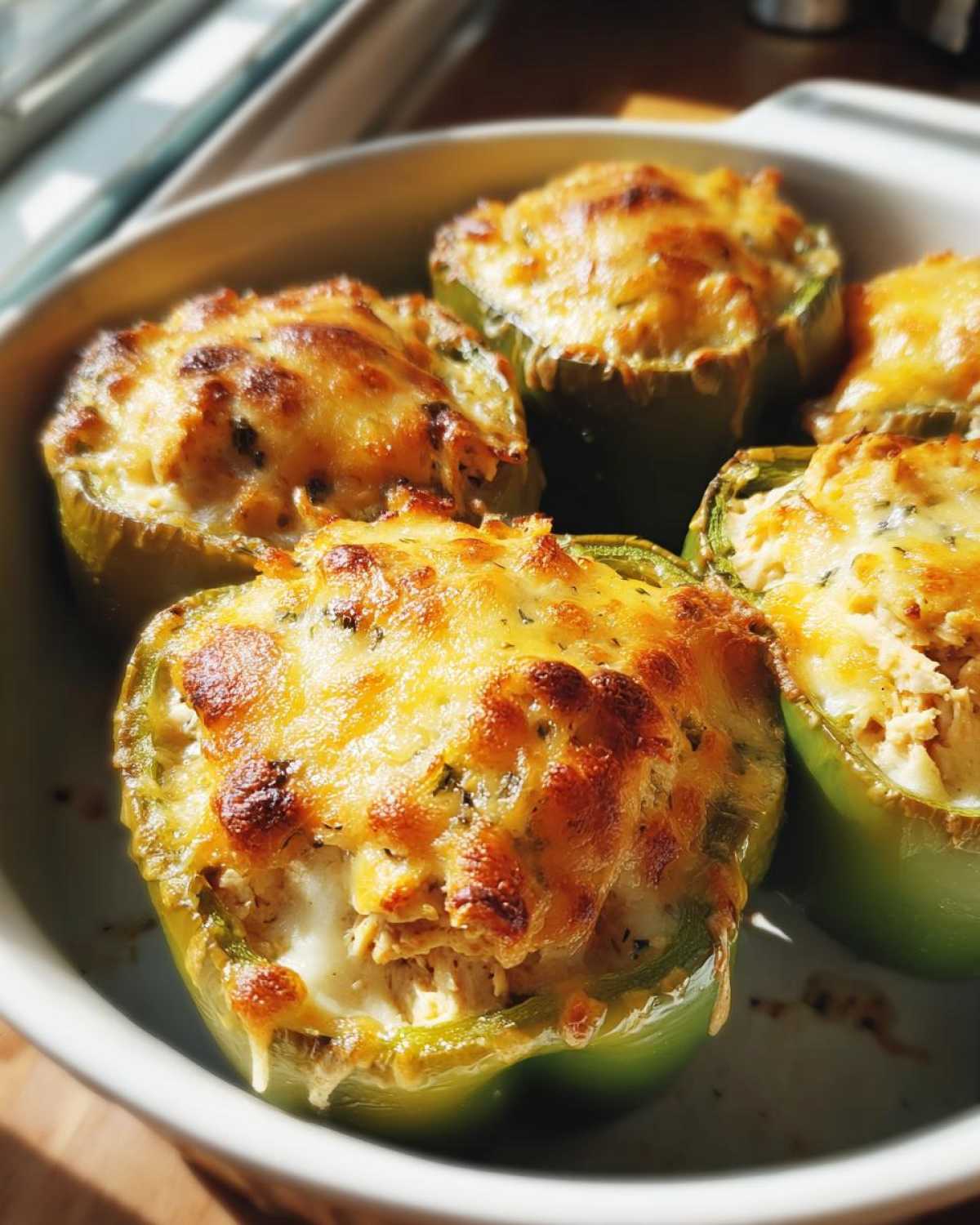 Four baked green bell peppers stuffed with creamy chicken filling and topped with bubbly, browned cheese, ready to serve.