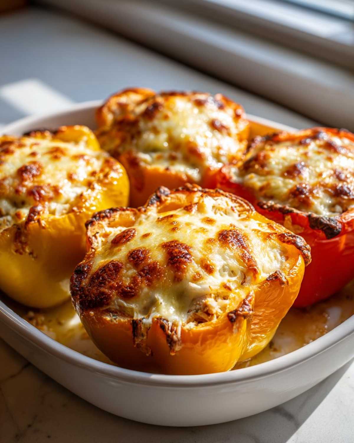 Four baked bell peppers filled with chicken and topped with melted, browned cheese, ready to serve as Cheesy Chicken Stuffed Bell Peppers Easy Recipe.