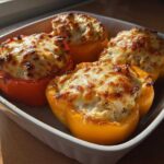 Four baked bell peppers stuffed with chicken and topped with melted, browned cheese, ready to serve in a white dish.