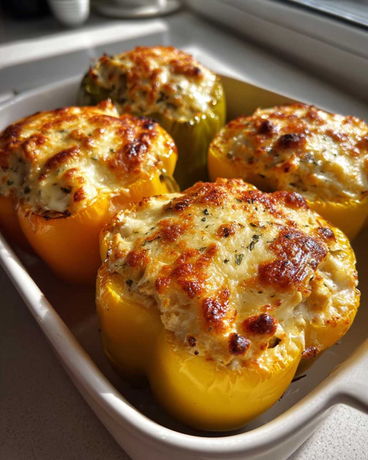 Four baked Cheesy Chicken Stuffed Bell Peppers with golden, melted cheese topping in a white baking dish.