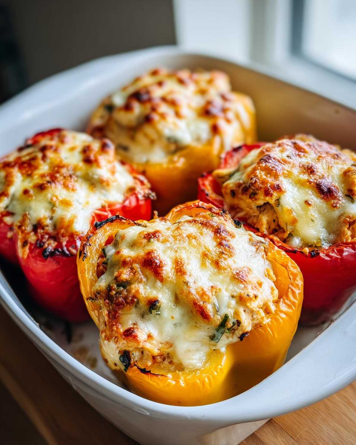 Four baked Cheesy Chicken Stuffed Bell Peppers with melted, browned cheese topping in a white baking dish.