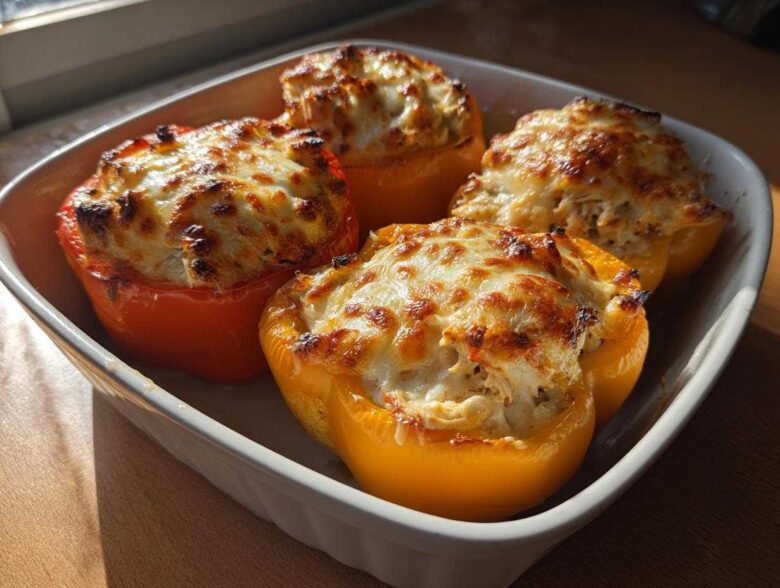 Four baked bell peppers stuffed with chicken and topped with melted, browned cheese, ready to serve in a white dish.