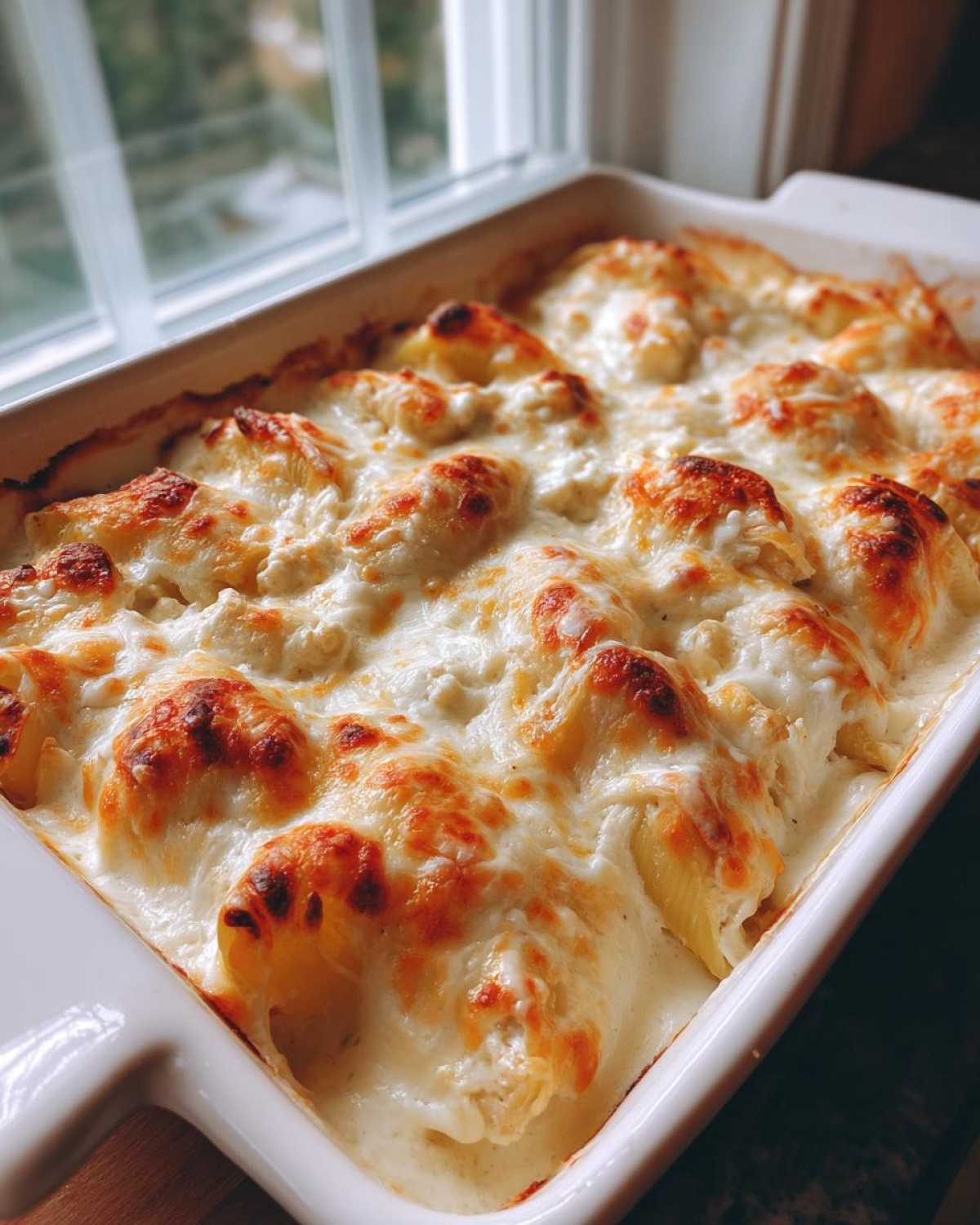 Close-up of baked Cheesy Chicken Stuffed Pasta in a white dish, bubbling with cream sauce and a golden-brown cheese topping.