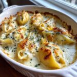 Close-up of baked Cheesy Chicken Stuffed Pasta shells covered in bubbling cream sauce and melted cheese.