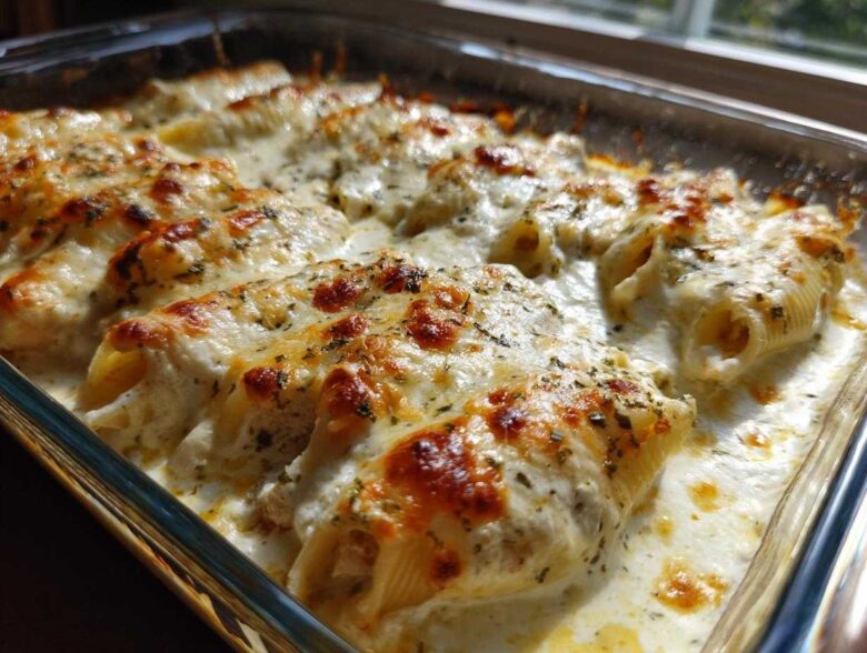 Close-up of baked Cheesy Chicken Stuffed Pasta shells covered in bubbling cream sauce and golden melted cheese.