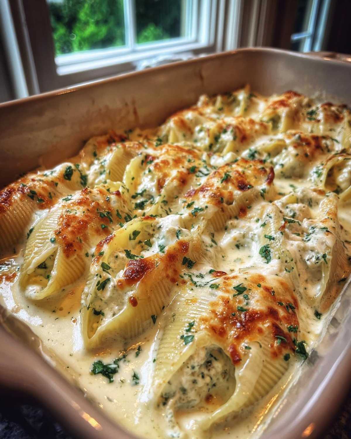 Close-up of baked Cheesy Chicken Stuffed Pasta shells covered in a rich cream sauce and melted, browned cheese.