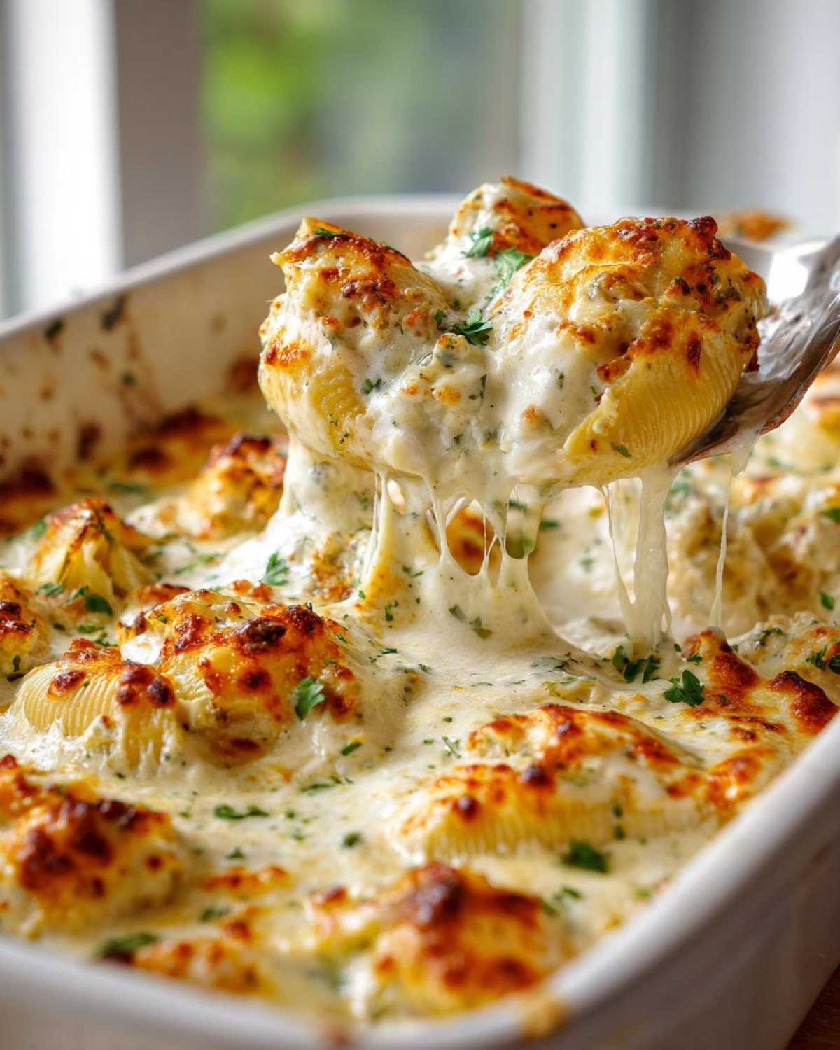 A spoonful lifts cheesy chicken stuffed pasta shells dripping with melted cream sauce.
