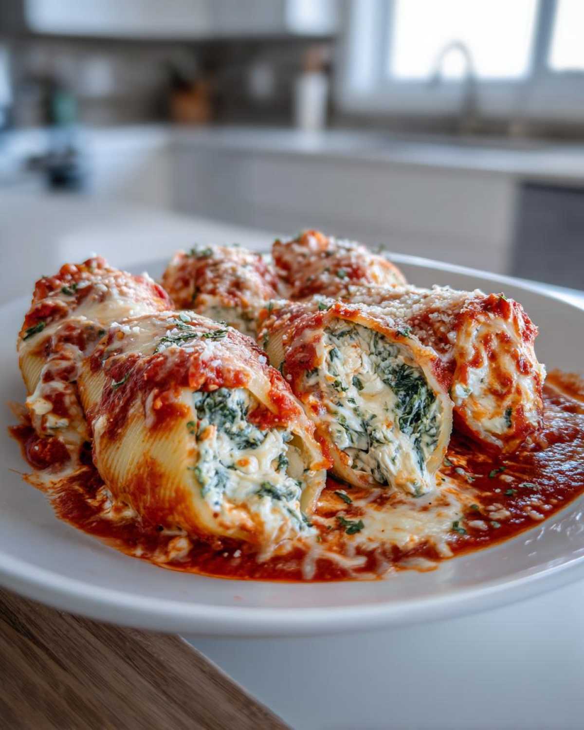 Close-up of baked Cheesy Chicken Stuffed Shells with Spinach covered in marinara sauce and melted cheese.