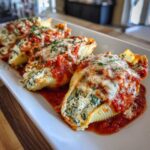 Four baked jumbo pasta shells filled with a creamy mixture, topped with marinara sauce and melted cheese, representing Cheesy Chicken Stuffed Shells with Spinach.
