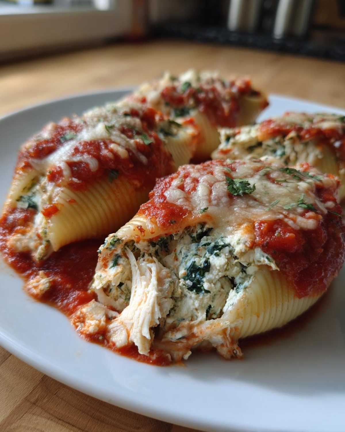 Four baked jumbo pasta shells filled with cheesy chicken and spinach mixture, topped with marinara sauce and melted cheese.