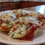 Four baked jumbo pasta shells filled with cheesy chicken and spinach, topped with marinara sauce and melted mozzarella.