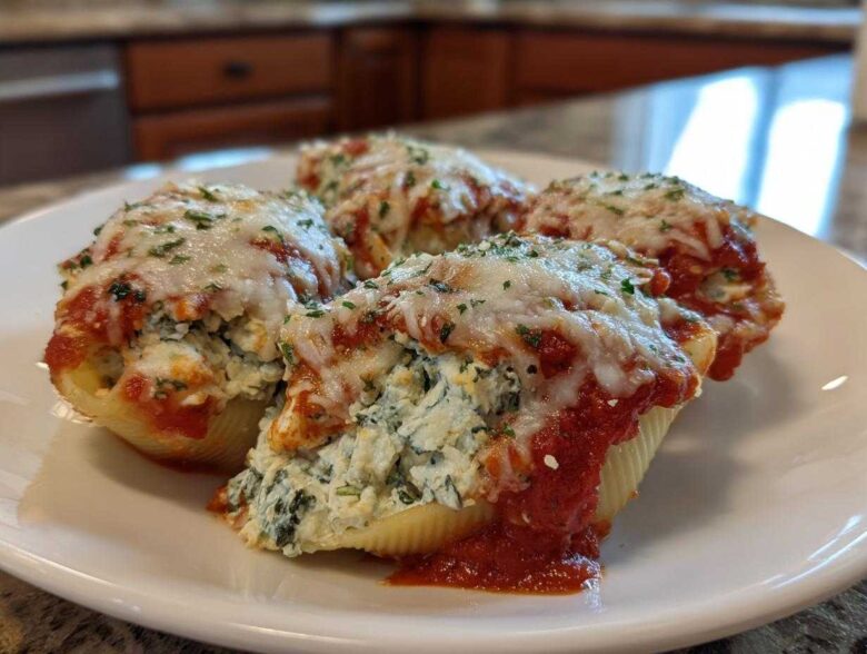 Four baked jumbo pasta shells filled with cheesy chicken and spinach, topped with marinara sauce and melted mozzarella.