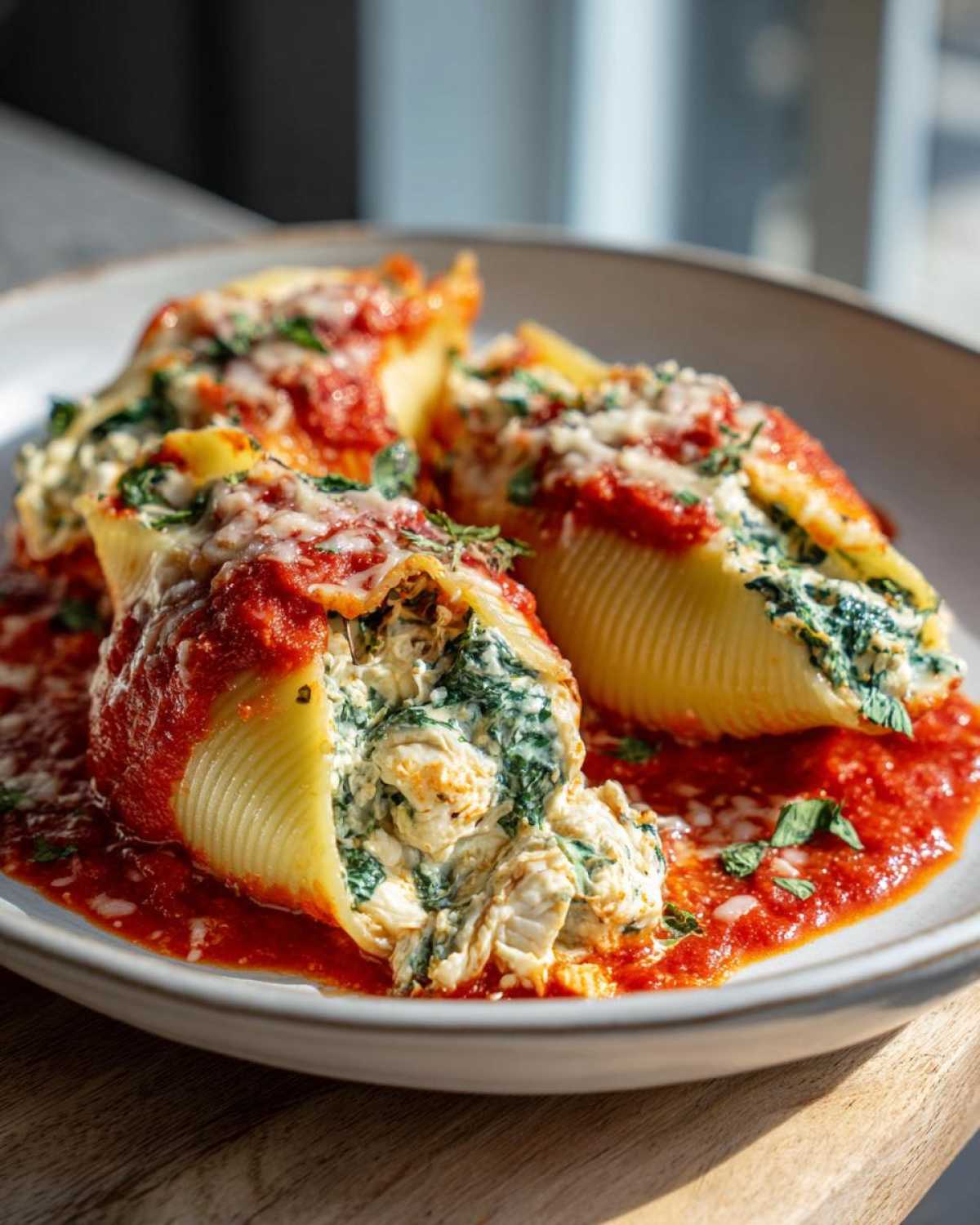 Three large pasta shells filled with creamy chicken and spinach, covered in marinara sauce and melted cheese, representing Cheesy Chicken Stuffed Shells.
