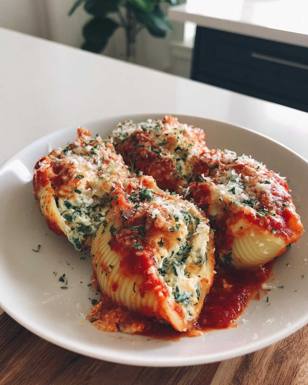 Four baked jumbo pasta shells filled with a creamy Cheesy Chicken Stuffed Shells with Spinach mixture, topped with marinara sauce and Parmesan.