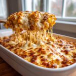 A wooden spoon lifts a serving of Cheesy Ground Beef Pasta Bake, showing dramatic, gooey cheese pulls over the baked casserole.