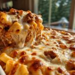 A serving spoon lifts a scoop of Cheesy Ground Beef Pasta Bake, showing a dramatic cheese pull over the baked dish.