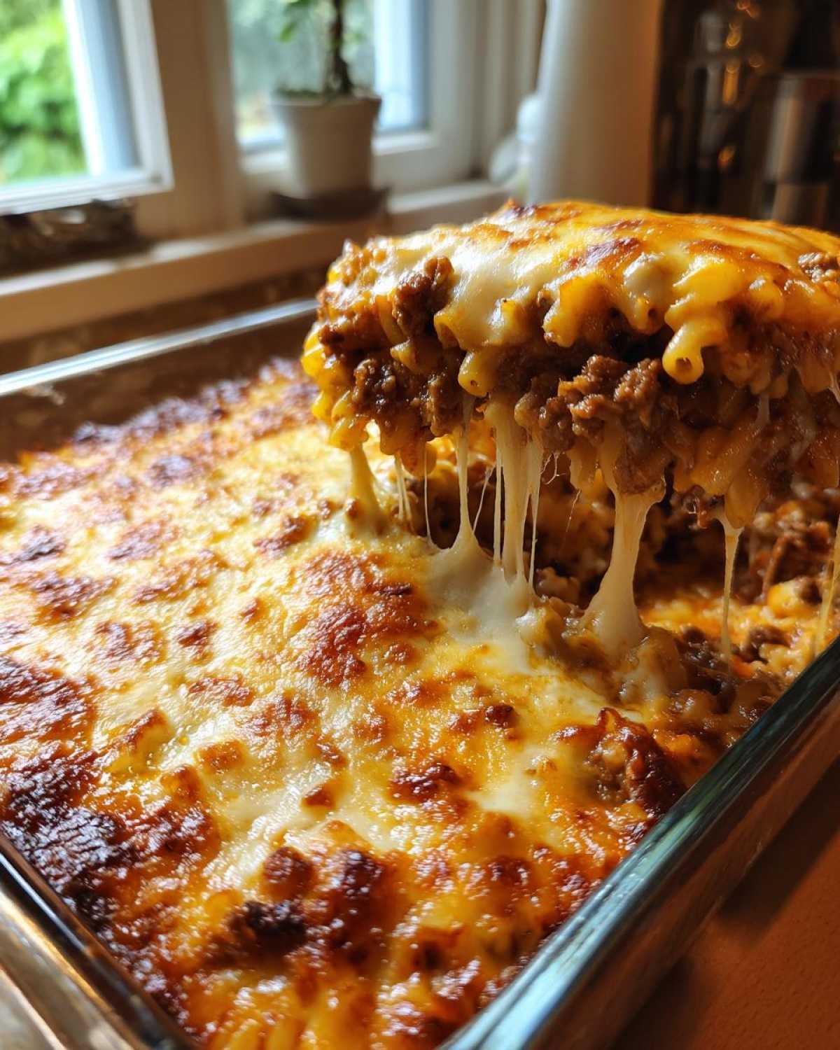 A serving being lifted from a Cheesy Ground Beef Pasta Bake, showing extreme cheese pull over the rich meat and pasta layers.