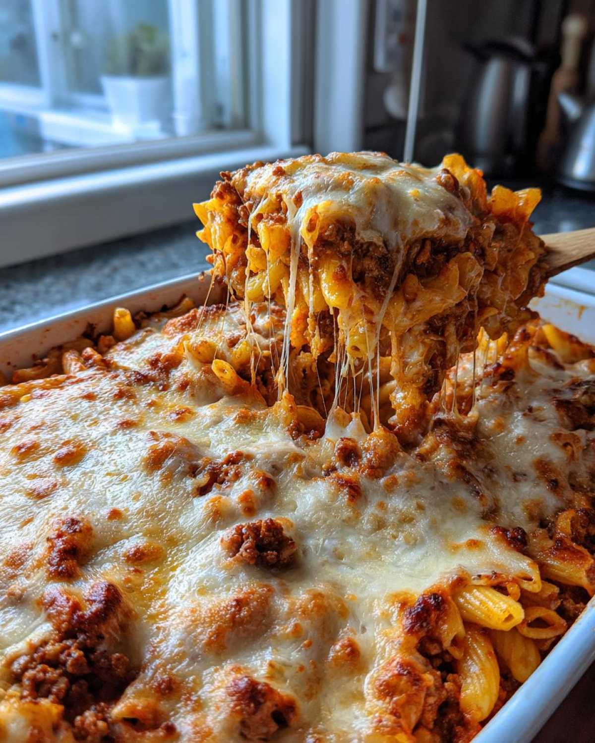 A wooden spoon lifts a portion of Cheesy Ground Beef Pasta Bake, showing long cheese pulls over the baked dish.