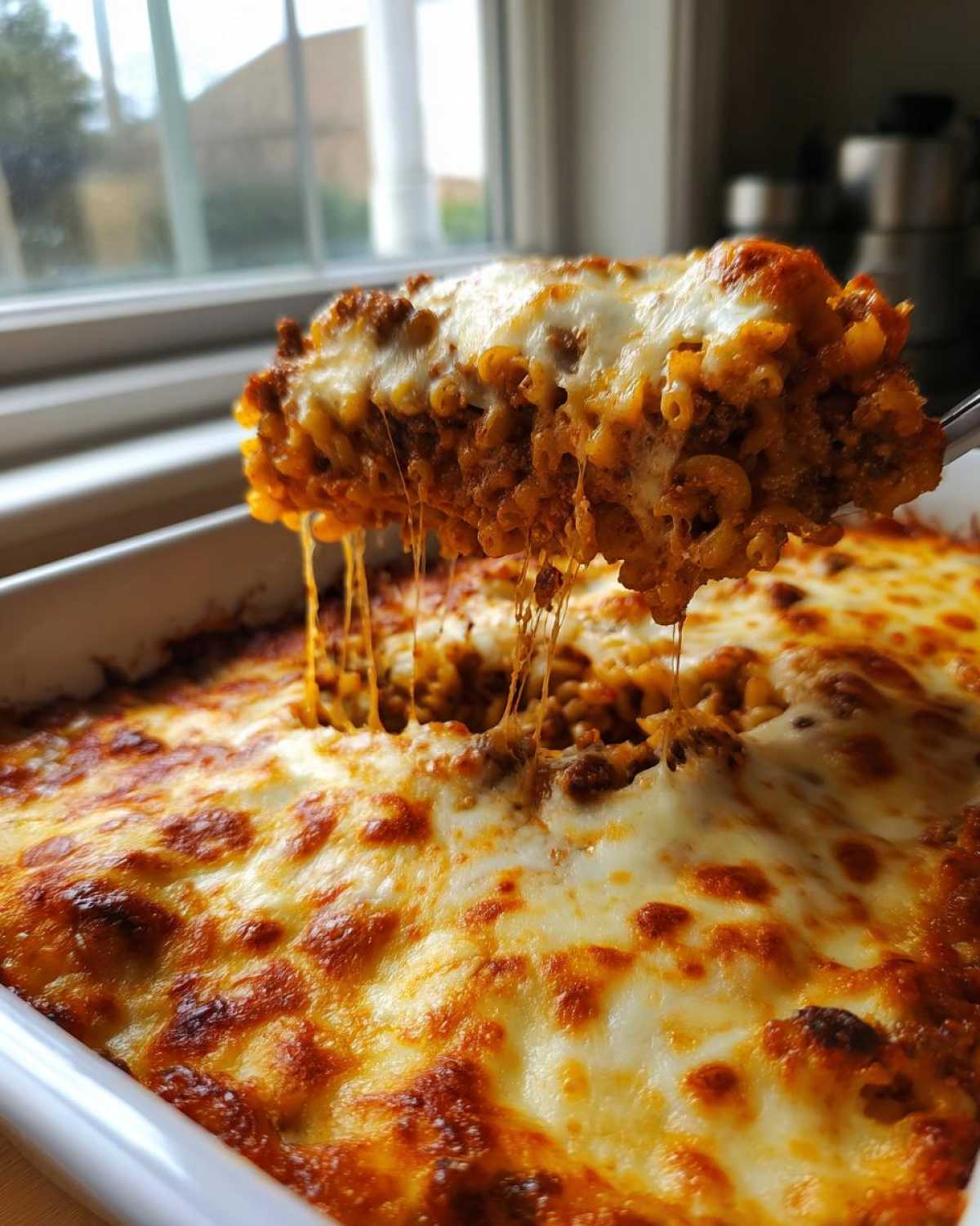 A spoonful of Cheesy Ground Beef Pasta Bake showing a dramatic cheese pull over the bubbly, baked casserole.