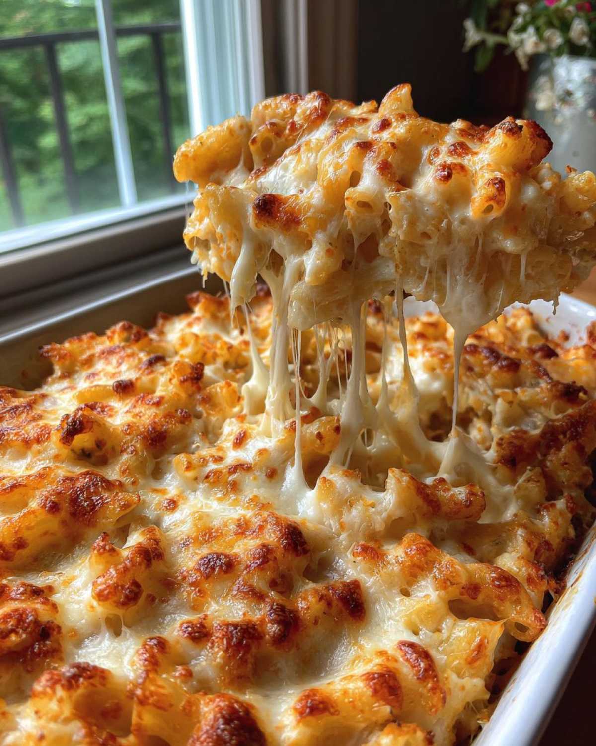 A spoonful of Cheesy Ground Beef Pasta Bake showing an extreme cheese pull over the baked casserole dish.