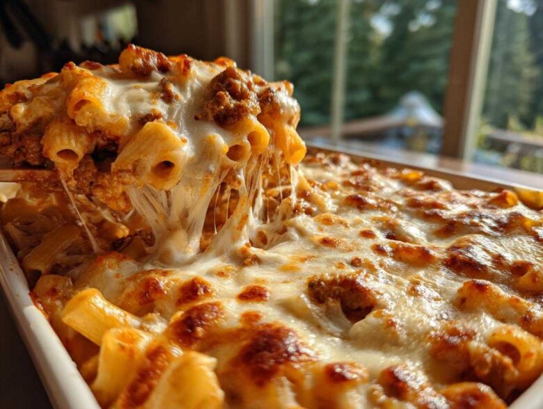 A serving spoon lifts a scoop of Cheesy Ground Beef Pasta Bake, showing a dramatic cheese pull over the baked dish.