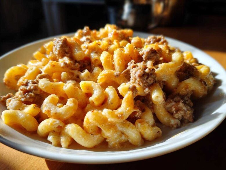 A close-up serving of Cheesy Ground Beef Pasta with Creamy Sauce featuring cavatappi pasta mixed with seasoned ground beef.