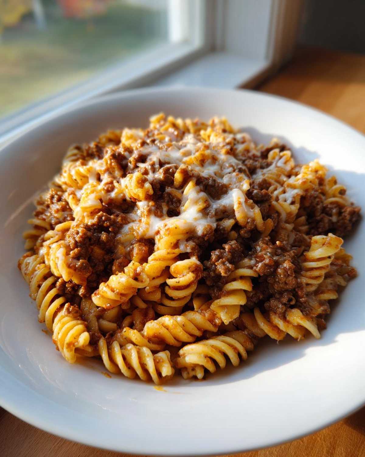 A close-up of Cheesy Ground Beef Pasta Skillet featuring rotini pasta mixed with ground beef sauce and topped with melted white cheese.