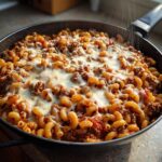 Close-up of Cheesy Ground Beef Pasta Skillet in a black pan, topped with melted mozzarella cheese.
