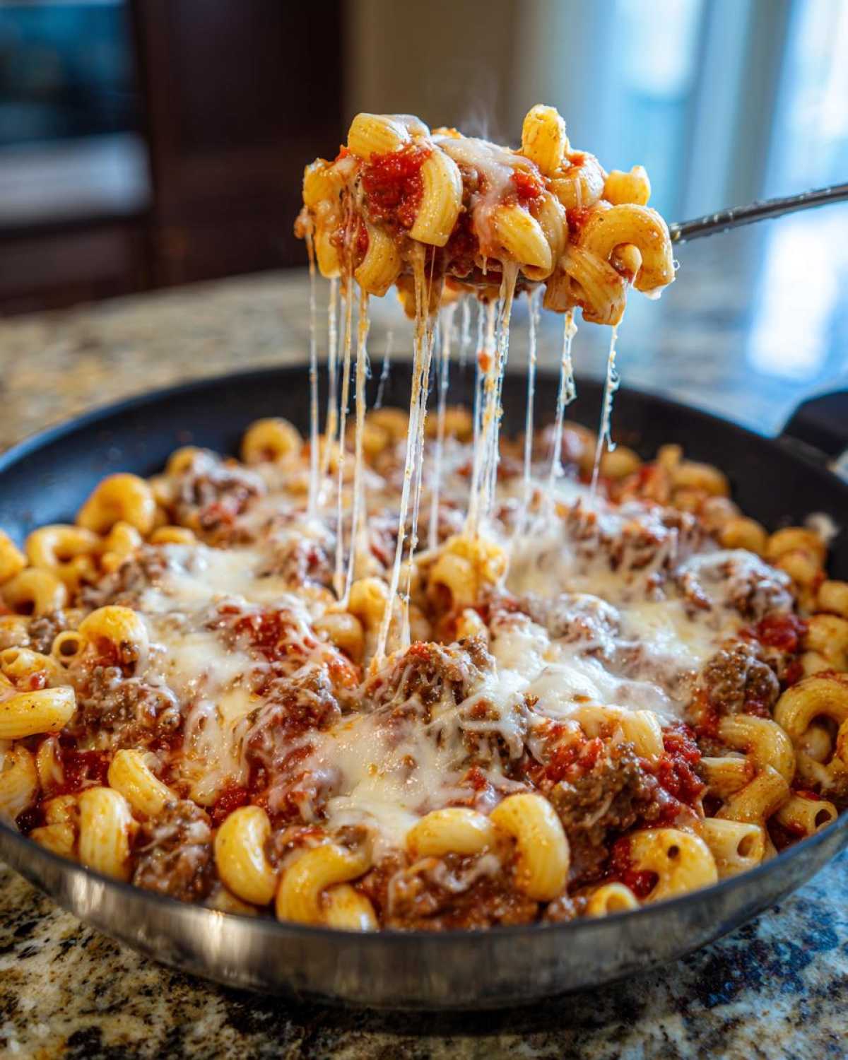 A spoonful of Cheesy Ground Beef Pasta Skillet showing extreme mozzarella cheese pull over the rest of the dish in the pan.